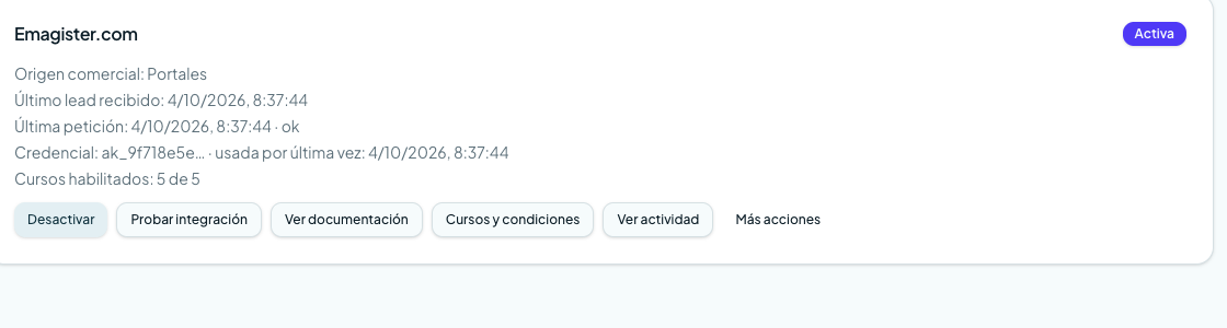 Integración activa de un proveedor con una recepción reciente y cursos habilitados
