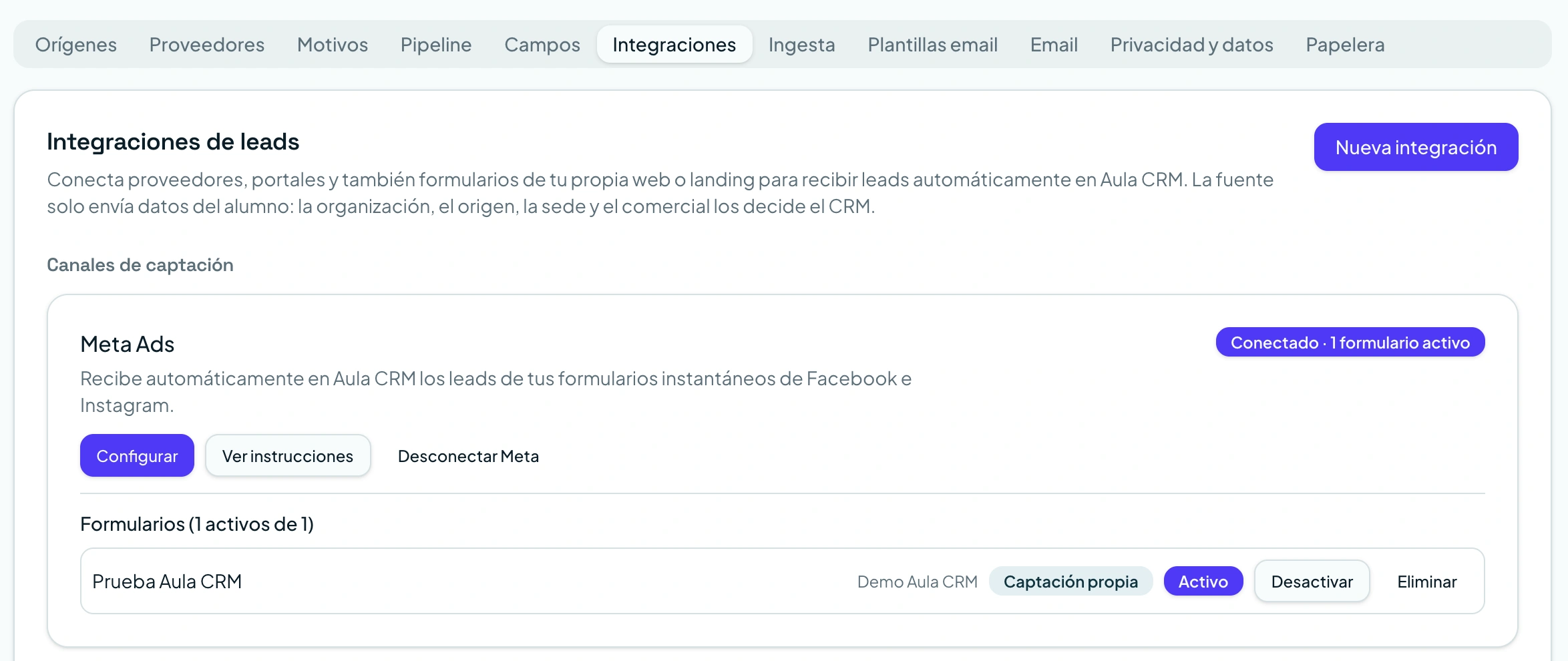 Integración de Meta Ads conectada en Aula CRM, con los formularios instantáneos de Facebook e Instagram activos